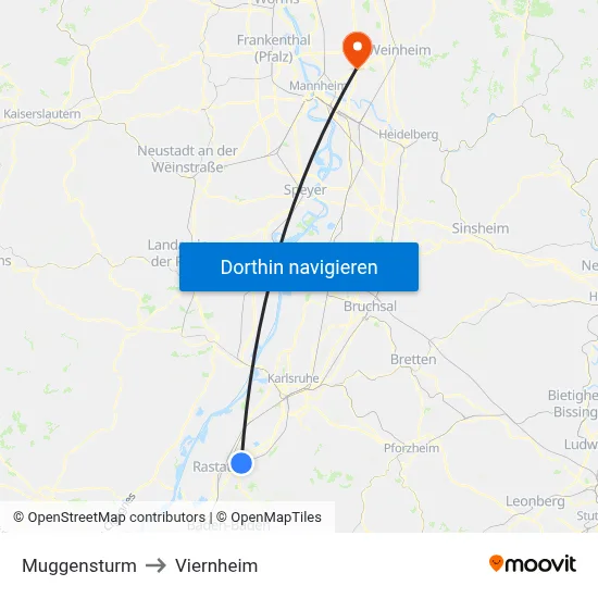 Muggensturm to Viernheim map