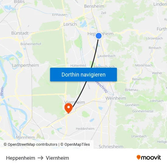 Heppenheim to Viernheim map