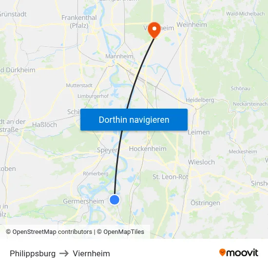 Philippsburg to Viernheim map