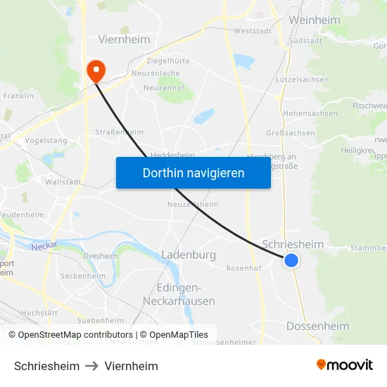 Schriesheim to Viernheim map