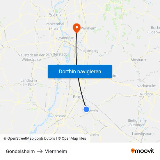 Gondelsheim to Viernheim map