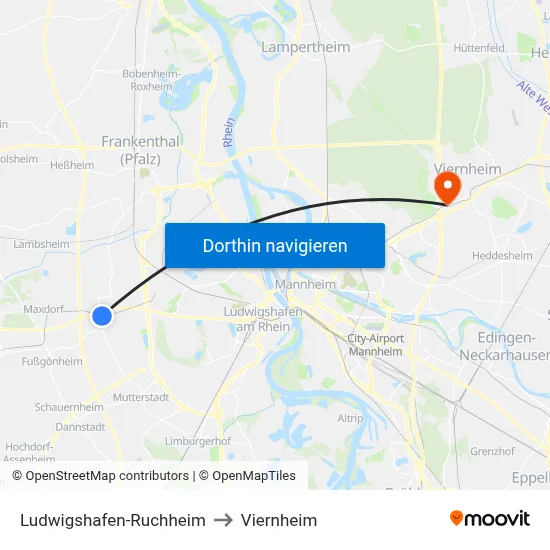 Ludwigshafen-Ruchheim to Viernheim map