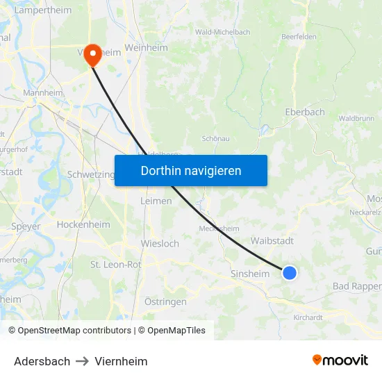 Adersbach to Viernheim map
