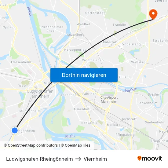 Ludwigshafen-Rheingönheim to Viernheim map