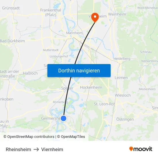 Rheinsheim to Viernheim map