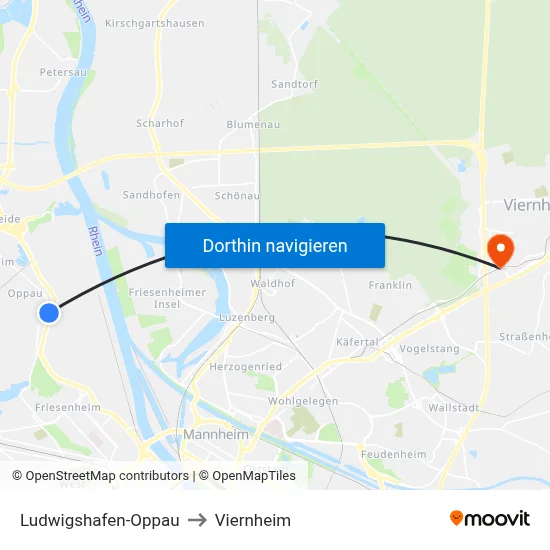 Ludwigshafen-Oppau to Viernheim map