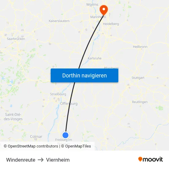 Windenreute to Viernheim map