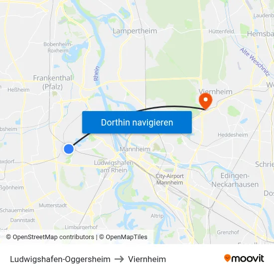 Ludwigshafen-Oggersheim to Viernheim map
