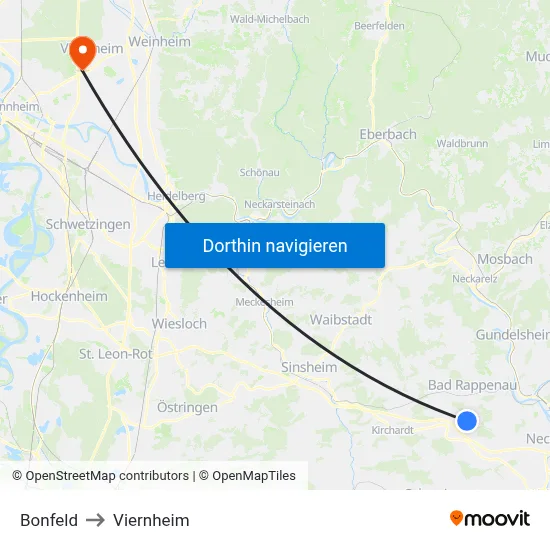 Bonfeld to Viernheim map