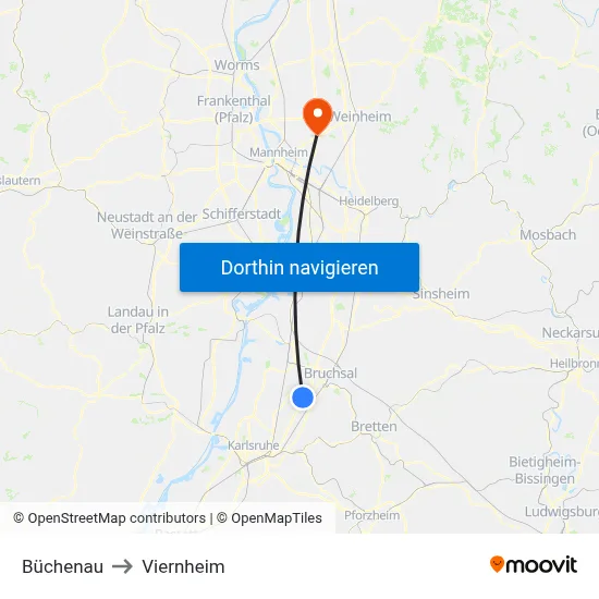 Büchenau to Viernheim map