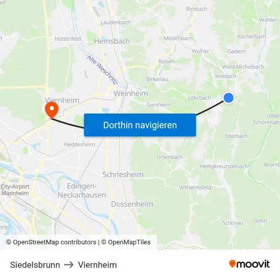 Siedelsbrunn to Viernheim map
