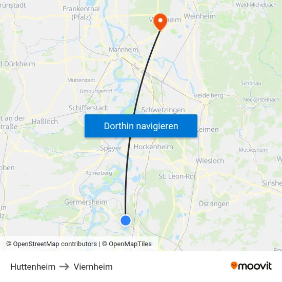 Huttenheim to Viernheim map