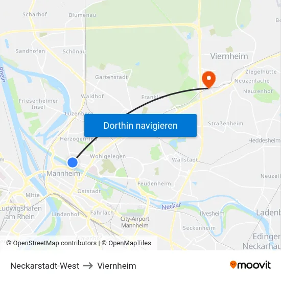Neckarstadt-West to Viernheim map