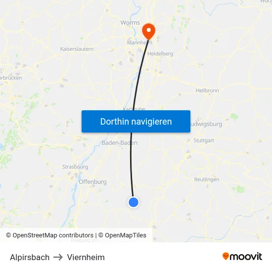 Alpirsbach to Viernheim map