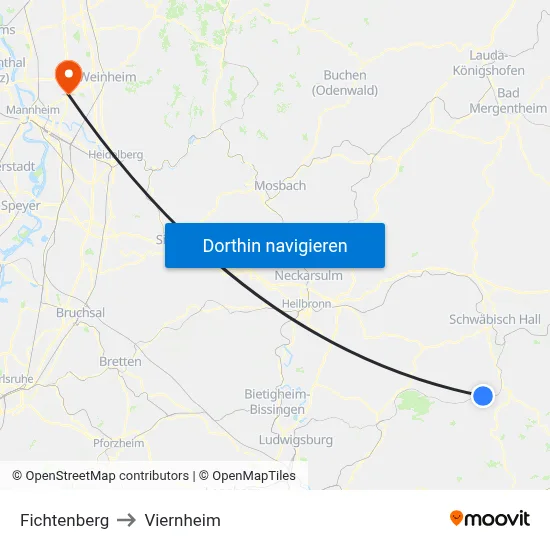 Fichtenberg to Viernheim map