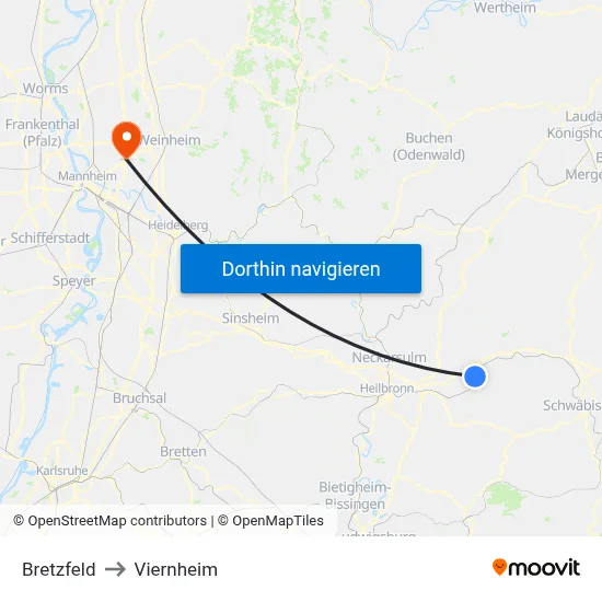Bretzfeld to Viernheim map