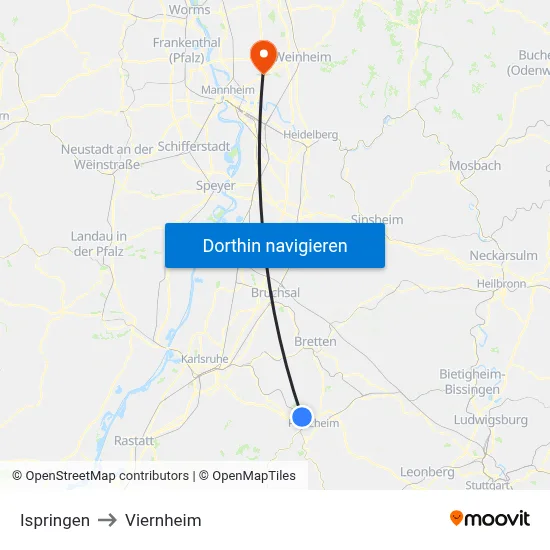 Ispringen to Viernheim map