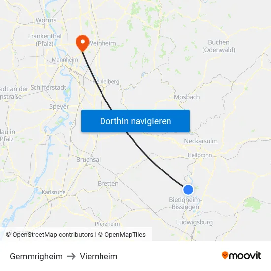 Gemmrigheim to Viernheim map