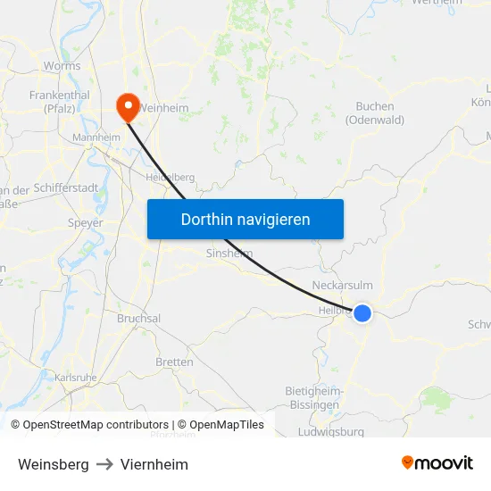 Weinsberg to Viernheim map