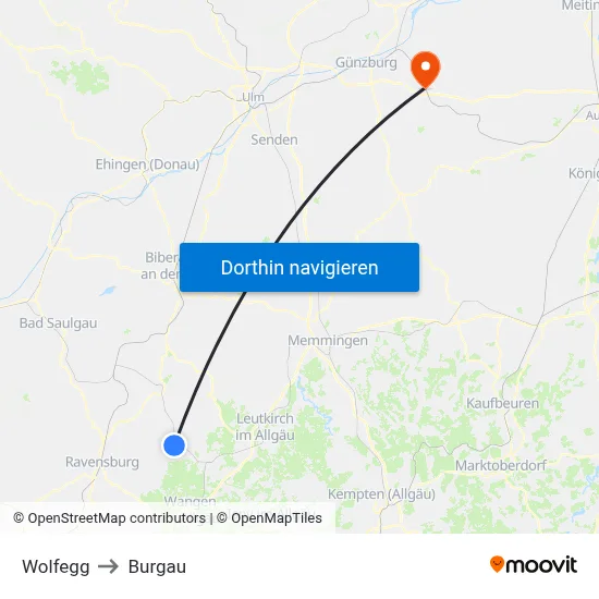 Wolfegg to Burgau map