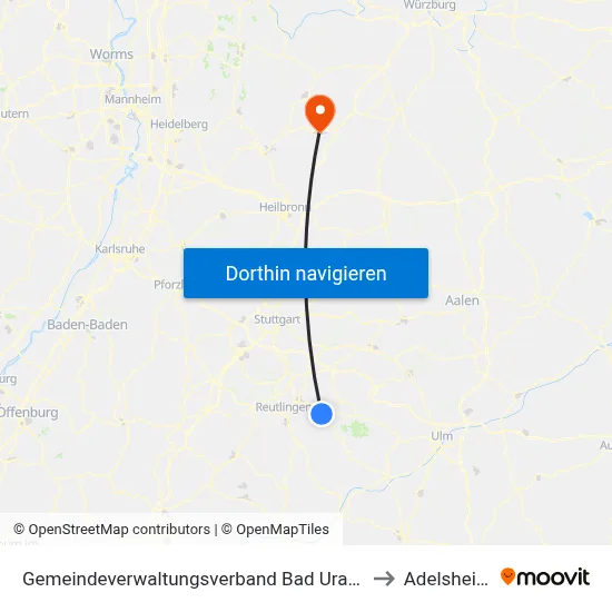 Gemeindeverwaltungsverband Bad Urach to Adelsheim map