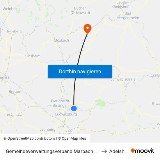 Gemeindeverwaltungsverband Marbach am Neckar to Adelsheim map