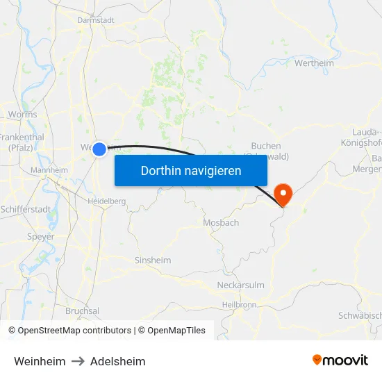 Weinheim to Adelsheim map