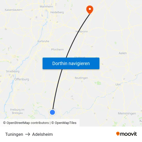Tuningen to Adelsheim map