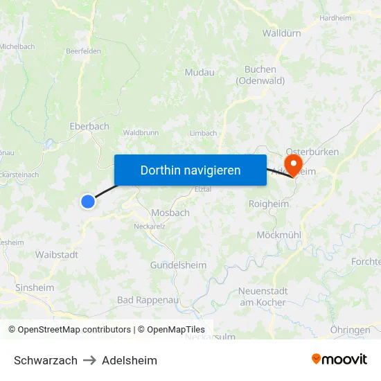 Schwarzach to Adelsheim map