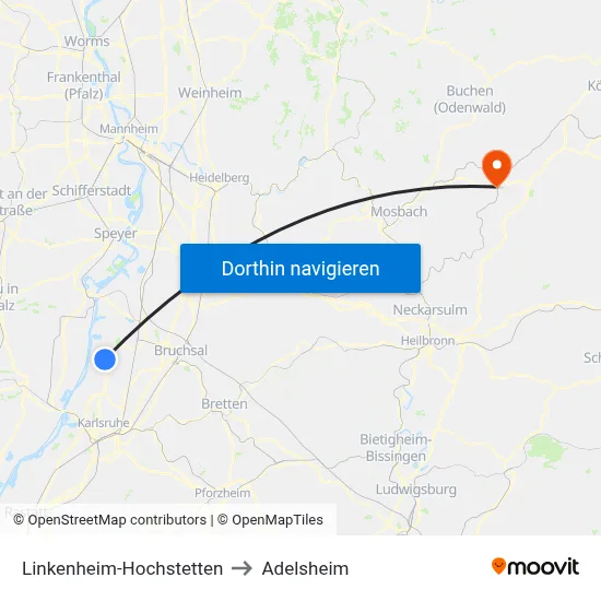 Linkenheim-Hochstetten to Adelsheim map