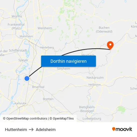 Huttenheim to Adelsheim map