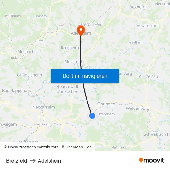 Bretzfeld to Adelsheim map