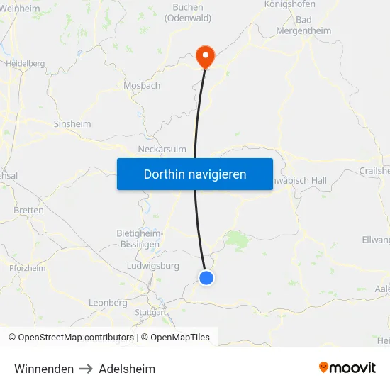 Winnenden to Adelsheim map