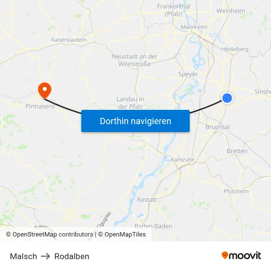 Malsch to Rodalben map