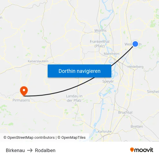 Birkenau to Rodalben map