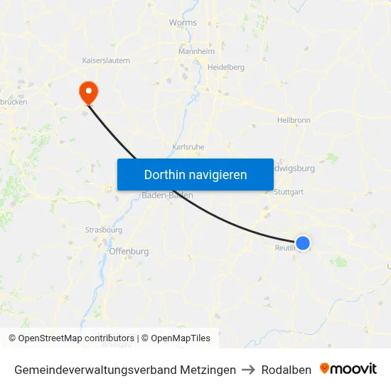 Gemeindeverwaltungsverband Metzingen to Rodalben map
