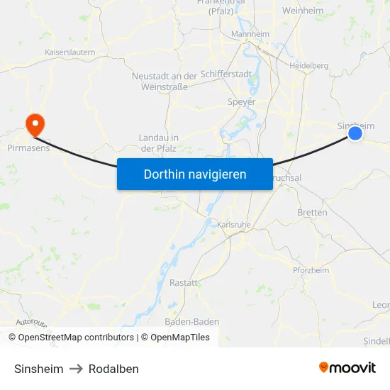 Sinsheim to Rodalben map