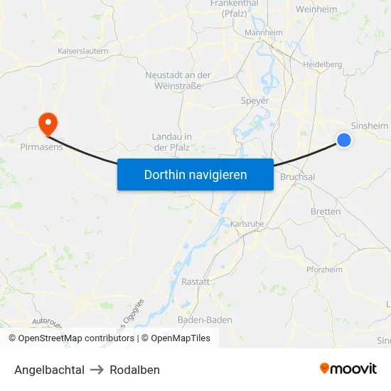 Angelbachtal to Rodalben map