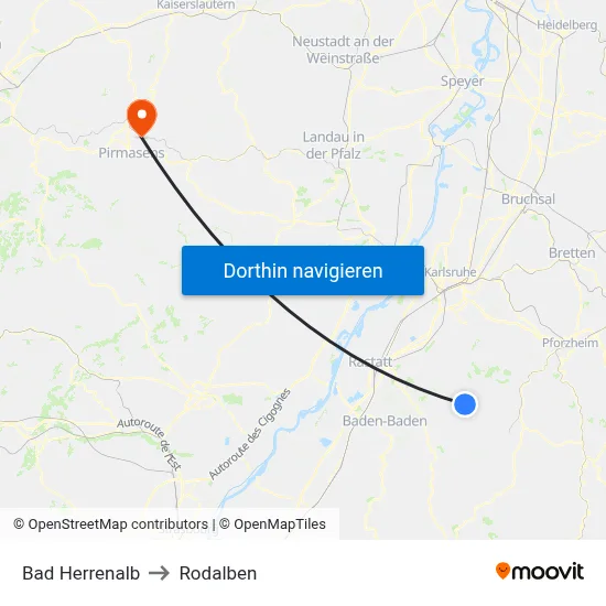Bad Herrenalb to Rodalben map