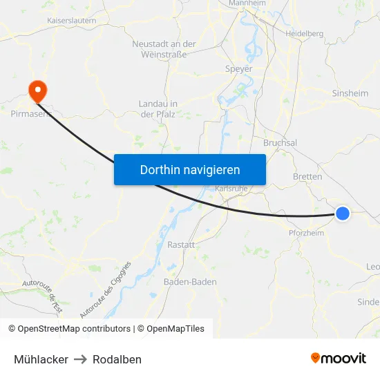 Mühlacker to Rodalben map