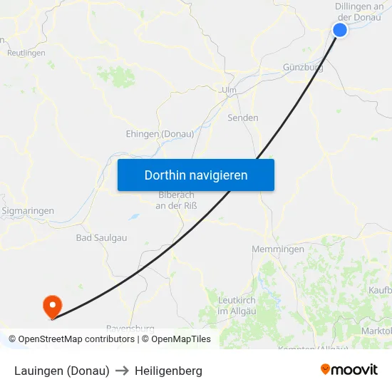 Lauingen (Donau) to Heiligenberg map