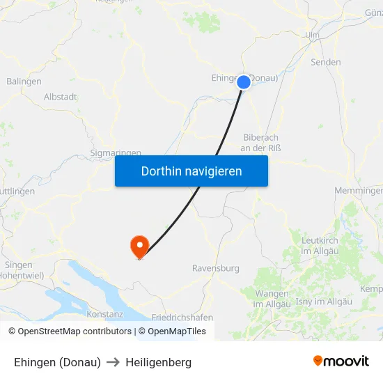 Ehingen (Donau) to Heiligenberg map