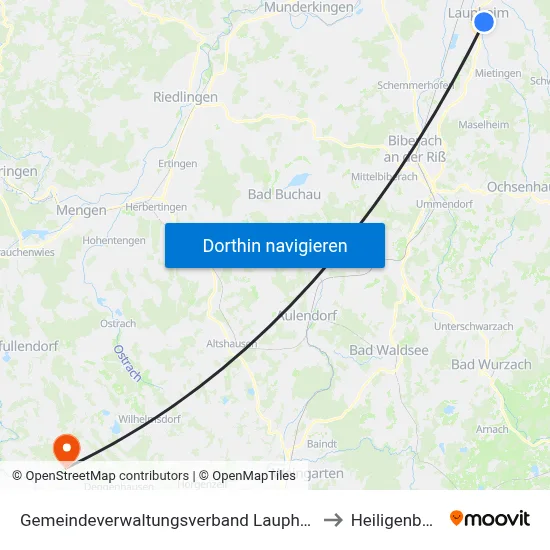 Gemeindeverwaltungsverband Laupheim to Heiligenberg map