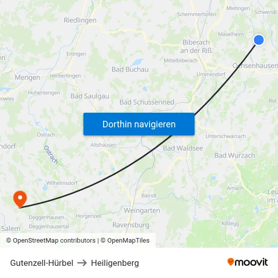 Gutenzell-Hürbel to Heiligenberg map