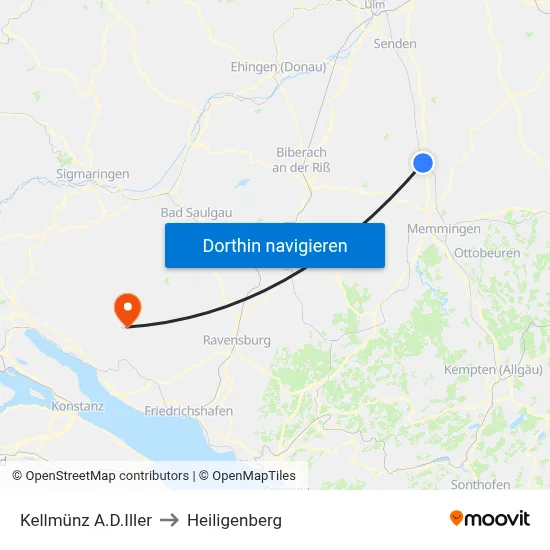 Kellmünz A.D.Iller to Heiligenberg map