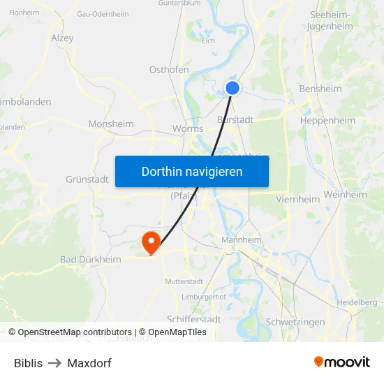 Biblis to Maxdorf map