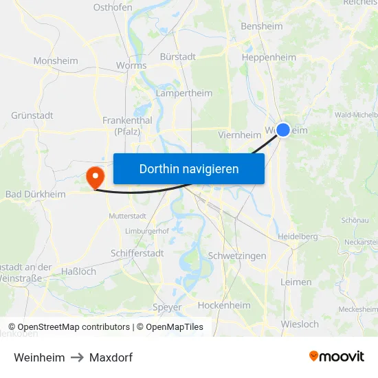Weinheim to Maxdorf map