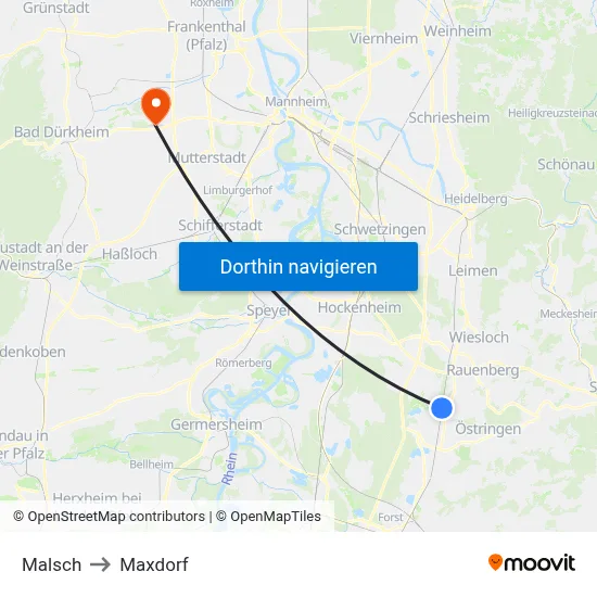 Malsch to Maxdorf map