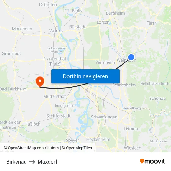Birkenau to Maxdorf map