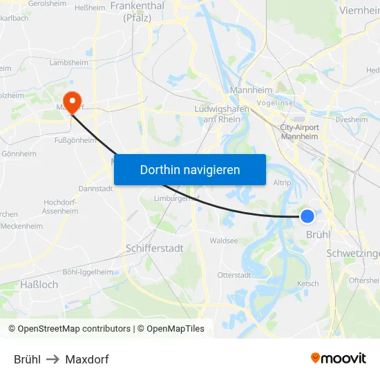 Brühl to Maxdorf map